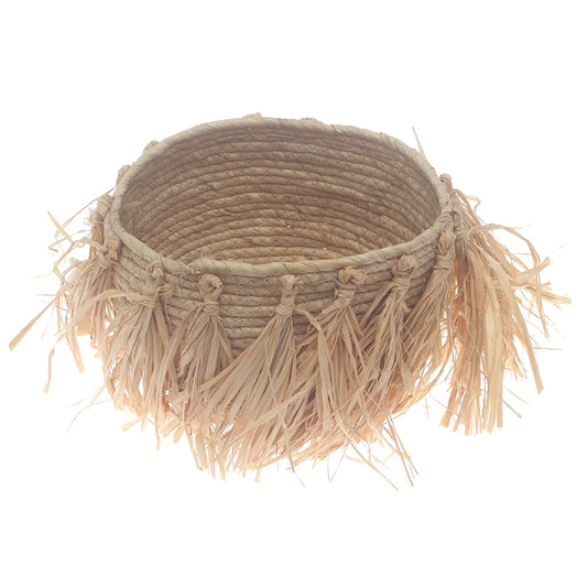 Small Natural Woven Storage Basket with Fringe Detail – 9 x 6.5 Inch