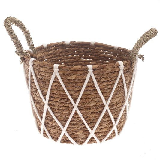 Small Woven Storage Basket with White Rope Detail – 9 x 9 x 7 Inch