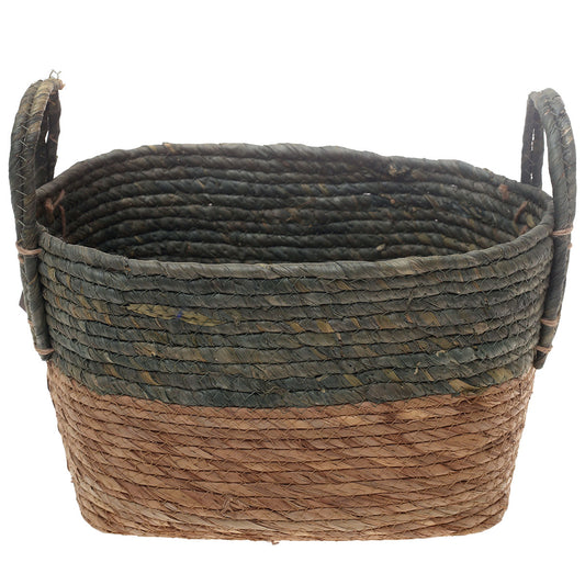 Handwoven Rectangular Green & Brown Basket with Dual Handles – Large Natural Fiber Storage Organizer - Habitt