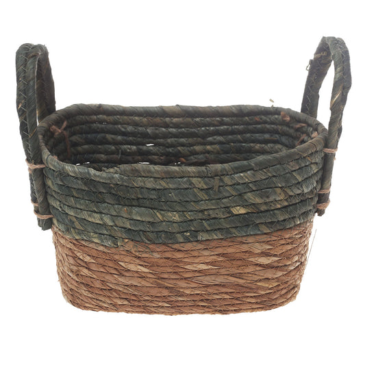 Handwoven Rectangular Green & Brown Basket with Dual Handles – Small Natural Fiber Storage Organizer - Habitt
