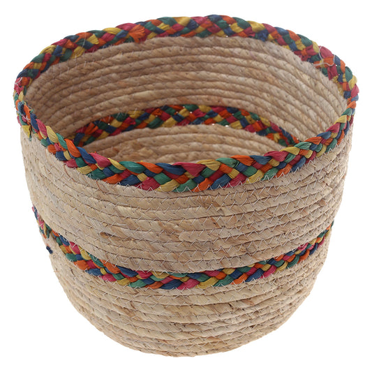 Handwoven Round White Basket with Multicolor Braided Rim – Large Natural Fiber Storage Organizer - Habitt
