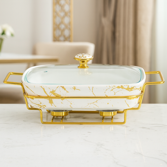 17" Rectangular Marble-Design Ceramic Casserole With Gold Candle Stand – Luxury Buffet & Serving Dish