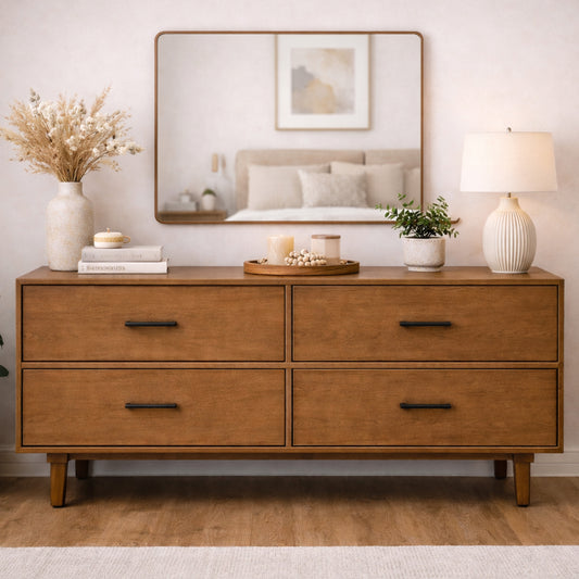 Nysa Solid Wood Dresser with Mirror – Modern 4 Drawer Storage Chest for Bedroom Organization - Habitt