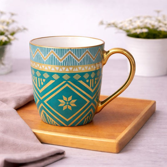 Golden Geometric Blue Mug – Luxury Patterned Coffee &Tea Cup