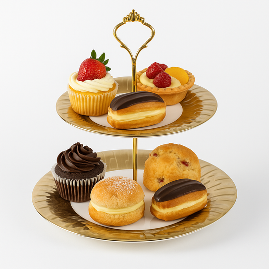 2 Tier Pastry Stand – White & Gold Ceramic Dessert Stand