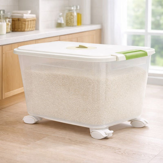 Plastic Rice Barrel 30KG – Airtight Food Storage Container with Lid & Wheels - Habitt