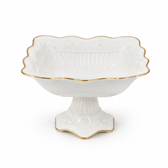 Medium White Porcelain Fruit Bowl with Gold Trim – Elegant Pedestal Serving Bowl