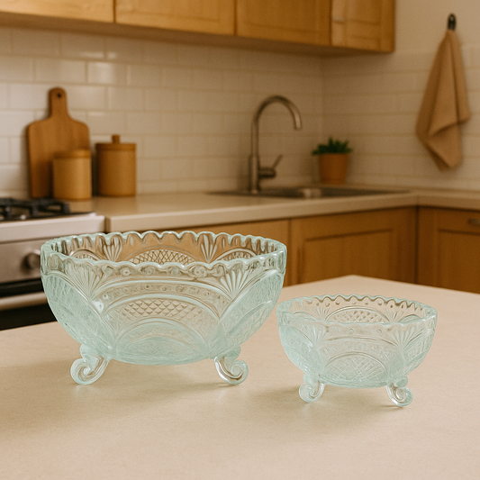 Clear Footed Pressed-Glass 7-Piece Fruit Bowl Set – Decorative Patterned Design