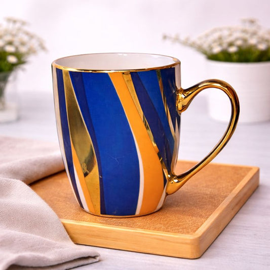 Ceramic Coffee Mug with Gold Handle – Blue & Yellow Swirl Pattern