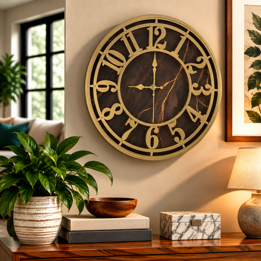 Majestic 15-Inch Heritage Wall Clock – Luxury Gold Skeleton Wall Clock with Marble Effect Dial for Living Room, Office & Elegant Home Décor