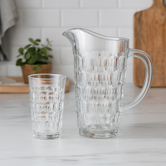 Diamond-Embossed Premium Glass Water Set – 7-Piece Set (1.58 L Jug + 278 mL Glasses)
