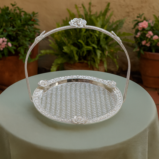 Floral Round Basket – Small Silver Decorative Serving & Display Basket