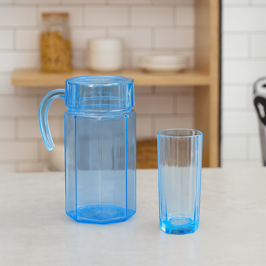 Blue-Tinted 7-Piece Water Set – 1.25 L Jug with 320 ml Glasses (Coloured Pressed Glass