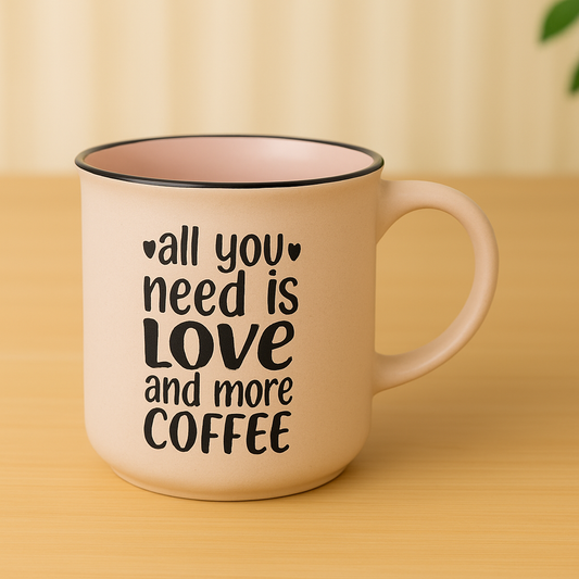 “All You Need Is Love and More Coffee” Ceramic Mug – Beige Rustic Quote Cup