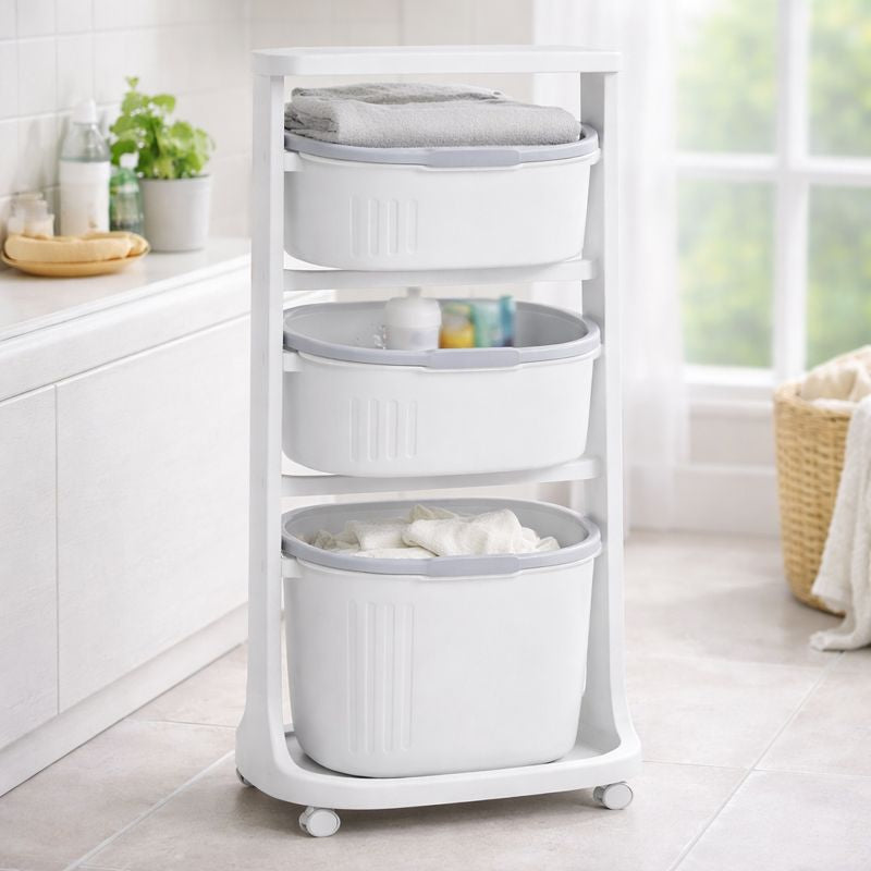 3 Tier Rolling Laundry Basket – Multi-Level Storage Organizer with Wheels (Grey) - Habitt