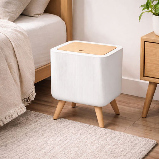 Bedroom Trash Bin – Square Shape with Vertical Lining Pattern & Wooden Legs - Habitt