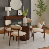 Ria 4-Person Dining Table Set – Modern Round Glass Top with Wooden Base & Upholstered Chairs - Habitt