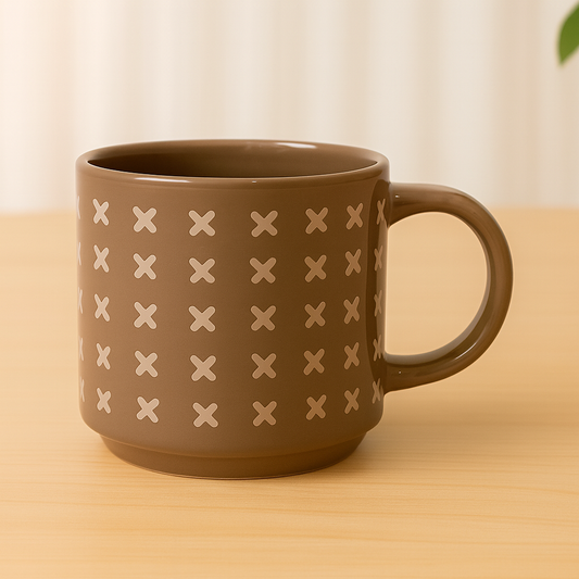 Patterned Brown Ceramic Mug – Modern Cross Design Coffee & Tea Cup