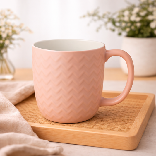 Textured Pink Ceramic Mug – Chevron Pattern Coffee & Tea Cup