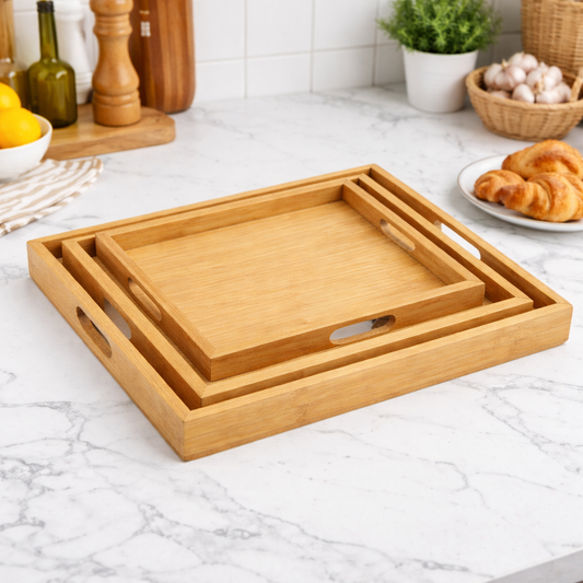 Premium Wooden Serving Tray Set (3 PCS) – Nested Bamboo Trays with Handles for Kitchen, Dining & Home Décor (Light, Dark & Black Variants) - Habitt