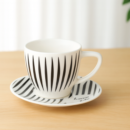 Stylish 1-Piece Striped Cup and Saucer Set – Black & White