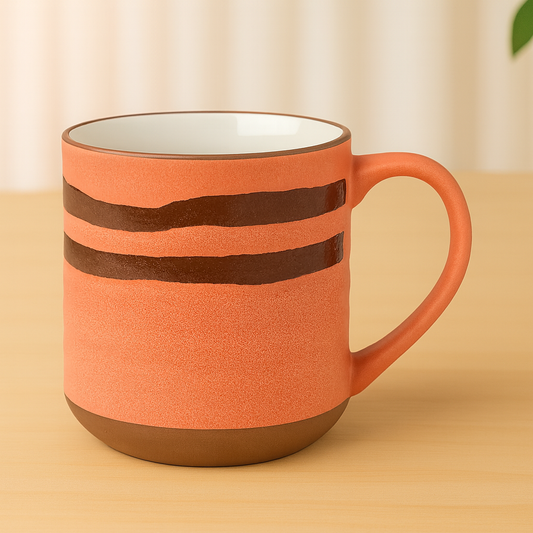 Handcrafted Terracotta Orange Ceramic Mug with Brown Stripes – Rustic Coffee Cup