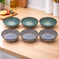 6-Piece Ceramic Bowl Set – Elegant Blue & Grey Patterned Serving Bowls