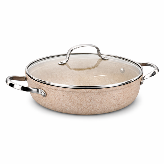 Granita Aluminum Low Casserole – Granite Nonstick Shallow Cooking Pot with Glass Lid (3.5L / 4.0L) - Habitt