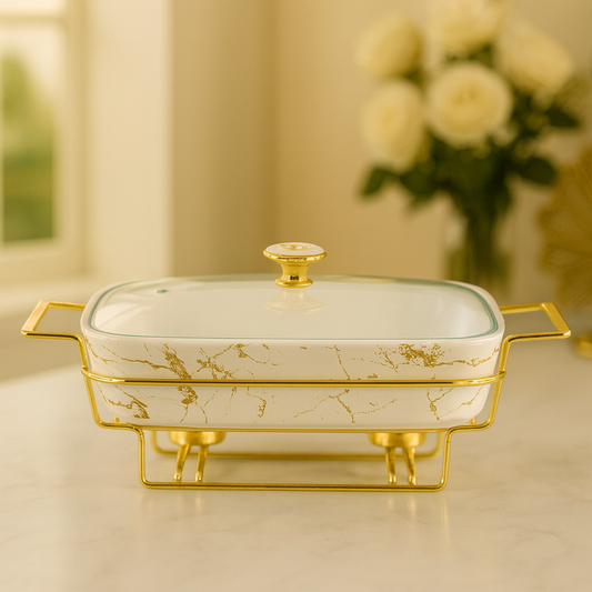 12" Marble-Design Ceramic Casserole With Gold Stand – Premium Serving & Warming Dish
