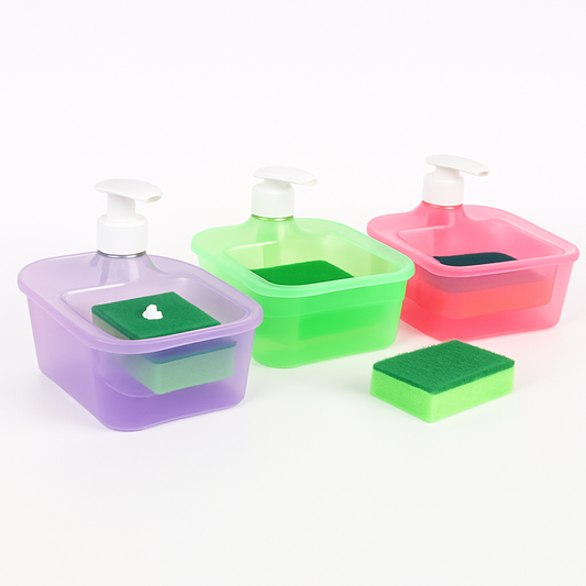 Square Plastic Soap Dispenser with Sponge Holder for Convenient, Mess-Free Dishwashing