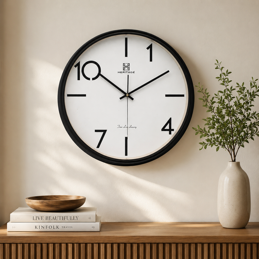 Heritage Squat Big 15.25" Modern Minimalist Wall Clock – Large Decorative Round Wall Clock with Black Frame and Clean Dial