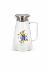 Blue Floral Glass Jug with Stainless Steel Lid – Elegant Water & Juice Pitcher