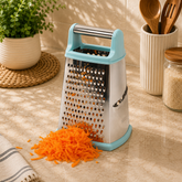 4-Sided Stainless Steel Grater with Aqua Soft-Grip Edges & Metal Handle