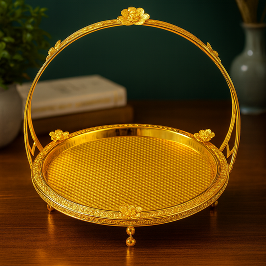 Floral Round Basket – Medium Gold Decorative Serving & Display Basket