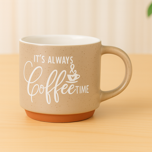 “It’s Always Coffee Time” Ceramic Mug – Speckled Beige Rustic Coffee Cup