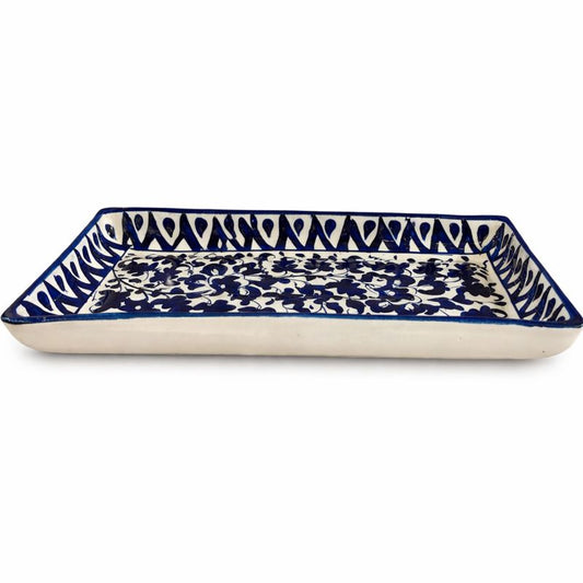 Handcrafted Blue Pottery Rectangle Platter – Floral Design (11 × 4.5 Inches)