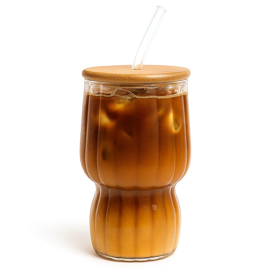 Textured Glass Tumbler with Bamboo Lid & Straw – 450ml - Habitt