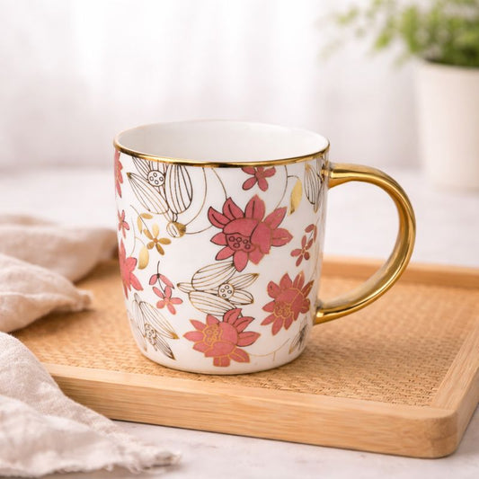 Ceramic Floral Mug with Golden Handle – Elegant Tea & Coffee Cup