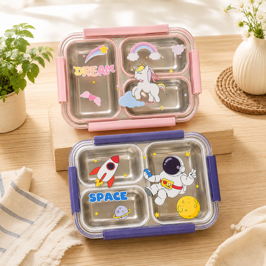 Assorted design 3-Compartment Stainless Steel Lunch Box with Spoon | Leakproof Kids Bento Lunch Box for School, Office & Travel | Reusable Food Storage Container