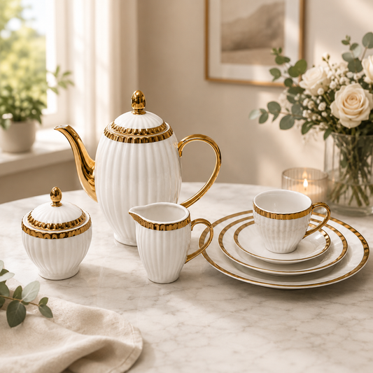 Premium Porcelain Tea Set – White with Thick Gold Rim | Elegant Tea Service Set for Home & Entertaining