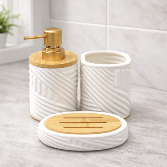 3-Piece Round Bathroom Accessories Set – Soap Dispenser, Toothbrush Holder & Soap Dish White & Black Color Options - Habitt