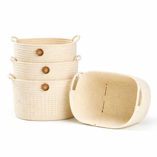 1 Pc Small Circular Cotton Rope Storage Basket with Flower Design – Decorative Organizer with Handles for Kitchen & Home - Habitt