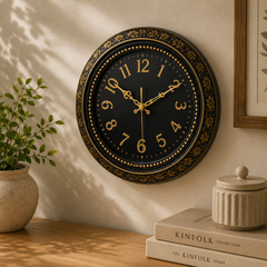 Heritage Hazel Wall Clock 14.5 Inch – Elegant Black & Gold Floral Design with Classic Numerals (Plastic) Description