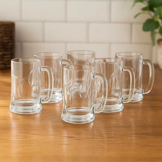 Textured Clear Glass Juice Mug with Handle 400 ml – Set of 6 | Premium Patterned Drinkware for Home & Café