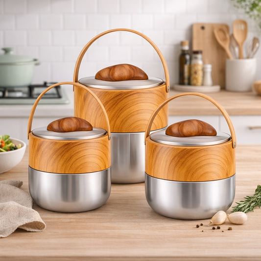 Wooden Finish Hot Pot Set – 3 Pcs Insulated Casserole Set