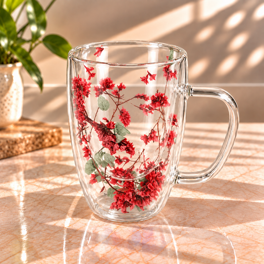 Floral Double Wall Glass Mug – Red Blossom Design