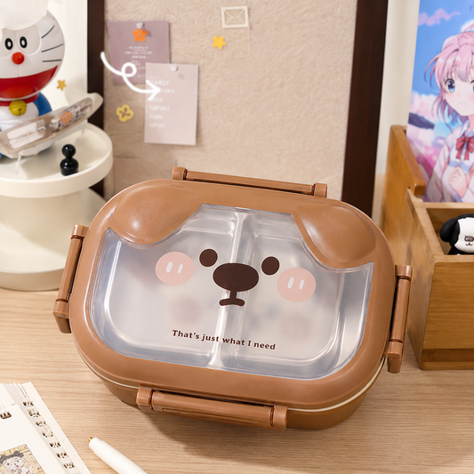 Animal Puppy Stainless Steel Lunch Box with Spoon – Brown & White | Leakproof Kids Bento Lunch Box for School, Office & Travel | Food Storage Container