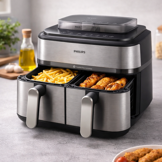 Philips 5000 Series Dual Basket Airfryer with RapidAir Plus Technology – Smart Dual-Zone Cooking (NA555/09)