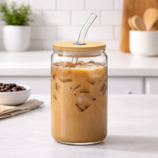 Straw Glass – Clear Drinking Glass with Bamboo Lid & Reusable Straw