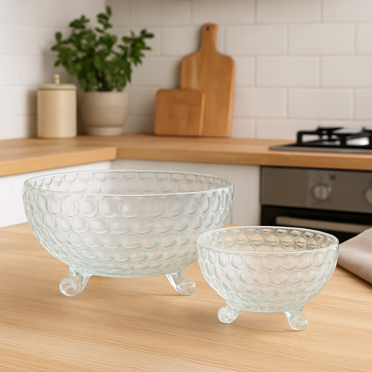 Clear Bubble-Pattern Footed 7-Piece Fruit Bowl Set – Elegant Pressed-Glass Design